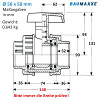 3x PVC-Kugelhahn I 50mm I 1 1/2 Zoll I Typ AK I für...