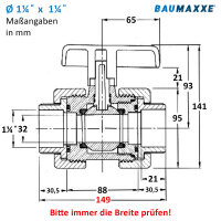 3x PVC-Kugelhahn mit Innengewinde I 1 1/4" x 1...