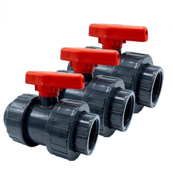 3x PVC-Kugelhahn mit Innengewinde I 2" x 2" I Verschraubung für Verbindungsstücke mit AG I Absperrhahn 2-Wege I PVC-Rohrverbinder I Kugelschieber für Pool- und Teichbau I bm040