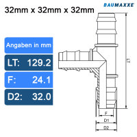 3x PP T-Stück 90° Tüllen-Anschluss I 32 mm I 1 Zoll I Schlauchverteiler I bm195