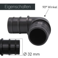 3x PP Winkel 90° mit Schlauchtüllen-Anschluss + 2 Schlauchschellen I 32 mm I bm203