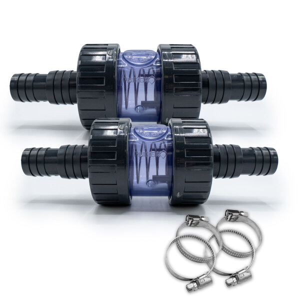 2x PVC Kegelrückschlagventil federbelastet mit 2x Schlauchtüllen 32/38mm und Schlauchschellen I 10 Bar Arbeitsdruck I Für Pool- und Teichbau I bm283