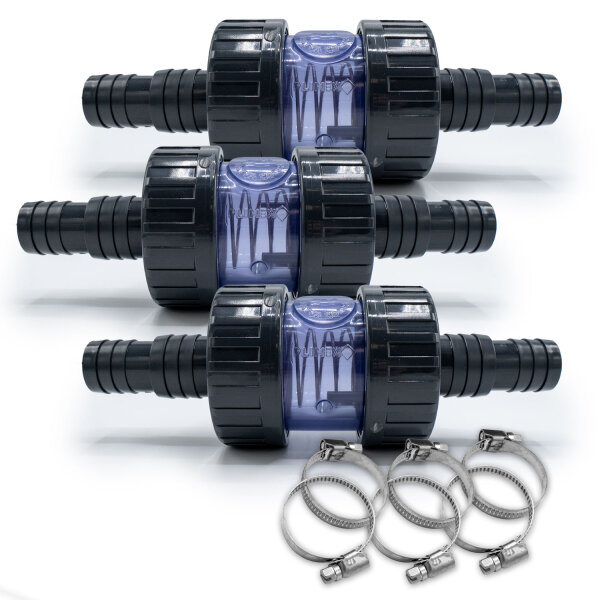 3x PVC Kegelrückschlagventil federbelastet mit 2x Schlauchtüllen 32/38mm und Schlauchschellen I 10 Bar Arbeitsdruck I Für Pool- und Teichbau I bm283