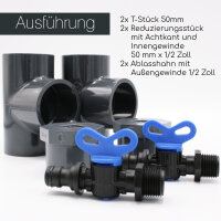 3 Entleerungs-Sets I T-Stücke 50 mm I Reduzierungsstück 50 mm x 1/2 Zoll I Ablasshahn 1/2 Zoll I bm380
