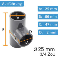PVC-Muffe T-Stück 90° I 25mm I 3/4 Zoll I Klebemuffe I PVC-Rohrmuffe mit 2-Anschlüssen I Rohr-Verbindungsstück PVC-Fitting I bm068