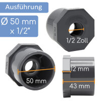Reduzierung mit Achtkant I 50 mm x 1/2 Zoll I Klebemuffe x Innengewinde I bm_182