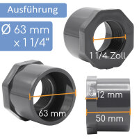 PVC Reduzierstück mit Achtkant I Klebemuffe x IG I 63 mm x 1 1/4 Zoll I bm_249