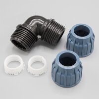 PP Kupplung I 90° Winkel 32 mm I Klemmverbinder mit 2 Anschlüssen I Klemmverschraubung I Klebe- Flexschlauchverbinder I Pool-Zubehör I Garten-Bewässerung I Druckleitung I bm310