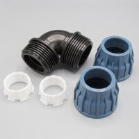 PP Kupplung I 90° Winkel 50 mm I Klemmverbinder mit 2 Anschlüssen I Klemmverschraubung I Klebe- Flexschlauchverbinder I Pool-Zubehör I Garten-Bewässerung I Druckleitung I bm312
