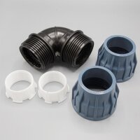 PP Kupplung I 90° Winkel 63 mm I Klemmverbinder mit 2 Anschlüssen I Klemmverschraubung I Klebe- Flexschlauchverbinder I Pool-Zubehör I Garten-Bewässerung I Druckleitung I bm313