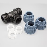 PP Kupplung I T-Stück l 40 mm I Klemmverbinder mit 2 Anschlüssen I Klemmverschraubung I Klebe- Flexschlauchverbinder I Pool-Zubehör I Garten-Bewässerung I Druckleitung I bm318