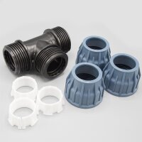 PP Kupplung I T-Stück l 50 mm I Klemmverbinder mit 2 Anschlüssen I Klemmverschraubung I Klebe- Flexschlauchverbinder I Pool-Zubehör I Garten-Bewässerung I Druckleitung I bm319